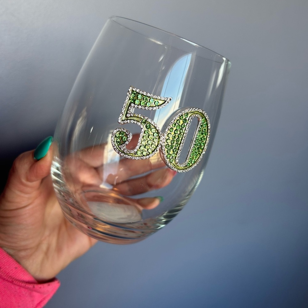 Jeweled 50th Birthday Wine Glass with Green Accents